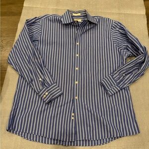 [17/XL]Michael Kors Navy and White Striped Button Down Cotton Shirt